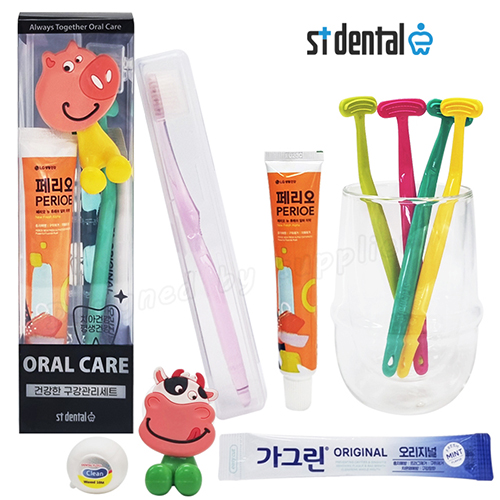 오랄케어 큐빅 크리스탈칫솔+캡+페리오치약+ST혀클리너+치실+가그린+칫솔걸